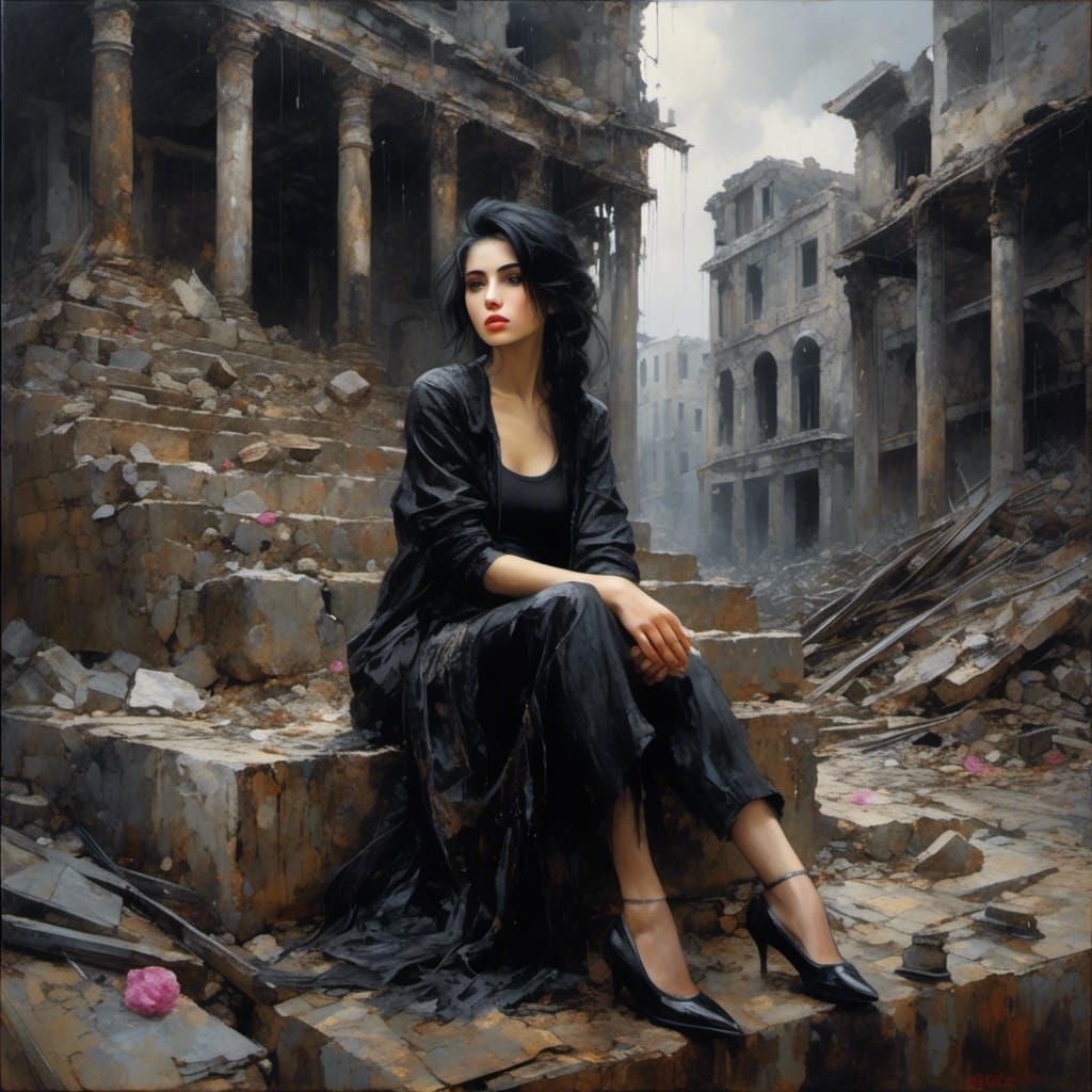 Gothic Palestinian Woman in Ruined City Oil Painting