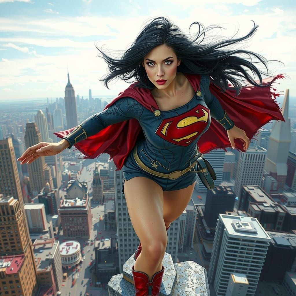 Elegant Superheroine on Rooftop with Tattered Suit and Flowi...