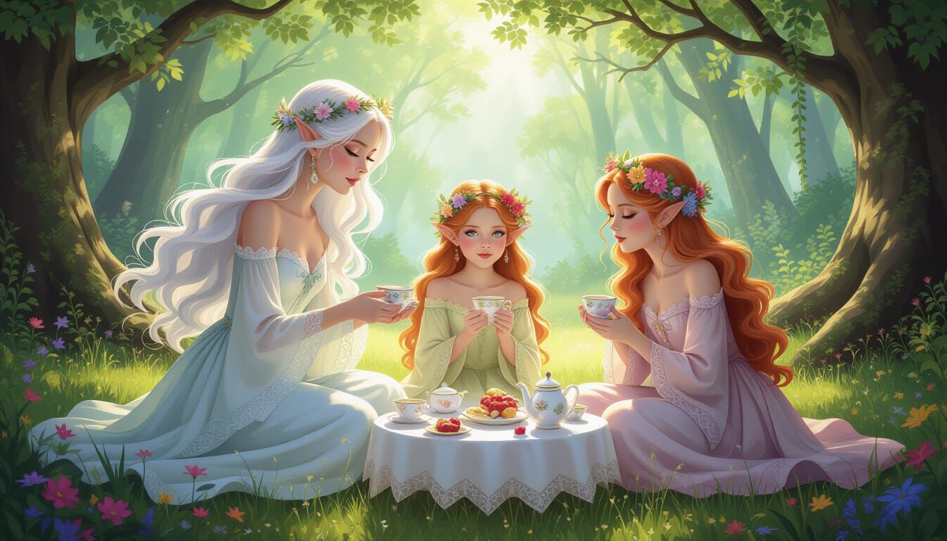 Magical Faerie Sisters Tea Party in Ethereal Forest