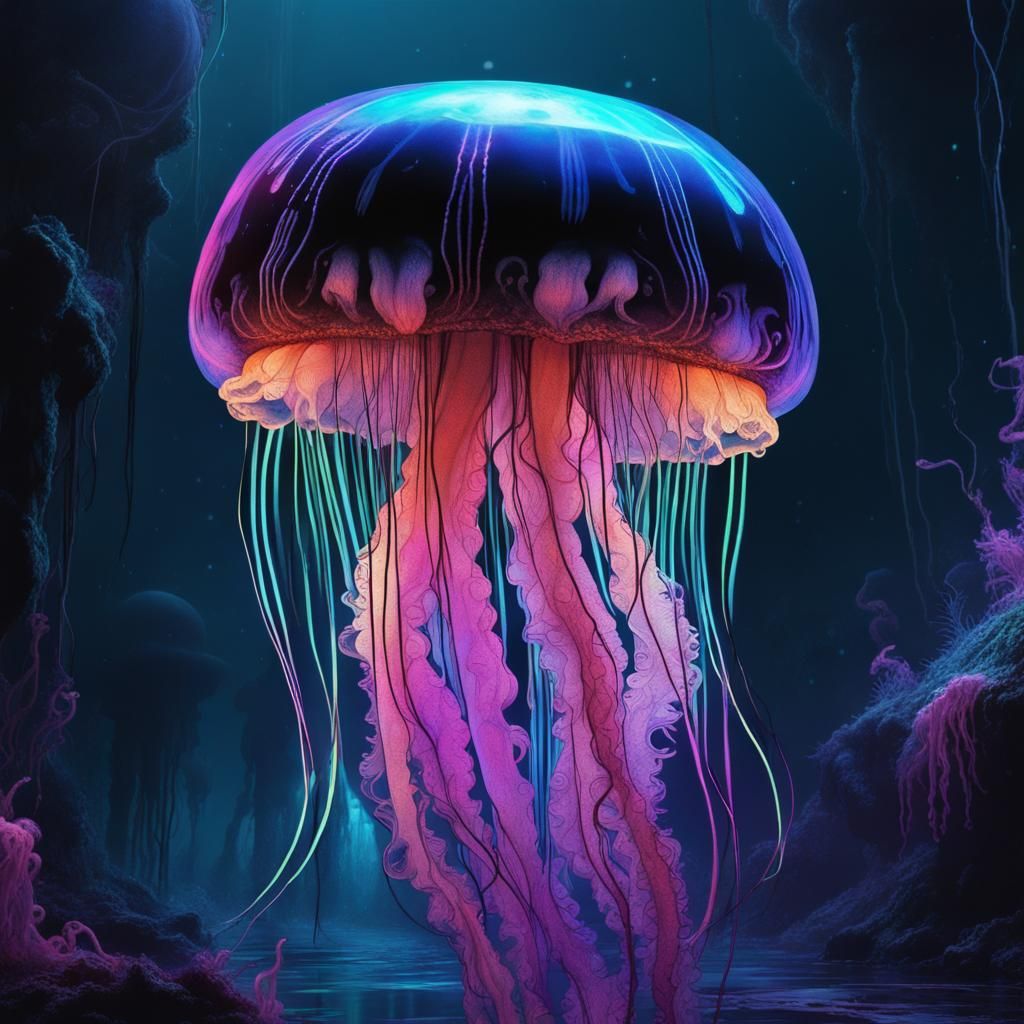 Bioluminescent Jellyfish in Black Light Neon Art