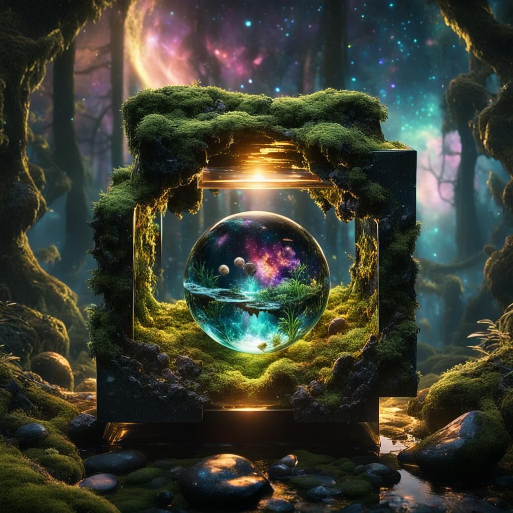 Glowing Glass Cube with Molten Core Planet