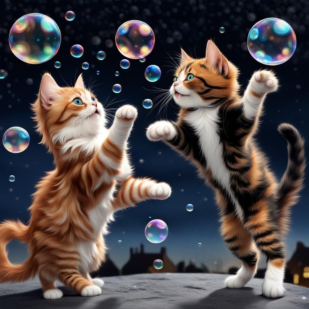 Cats Playing with Bubbles in Starry Night Sky