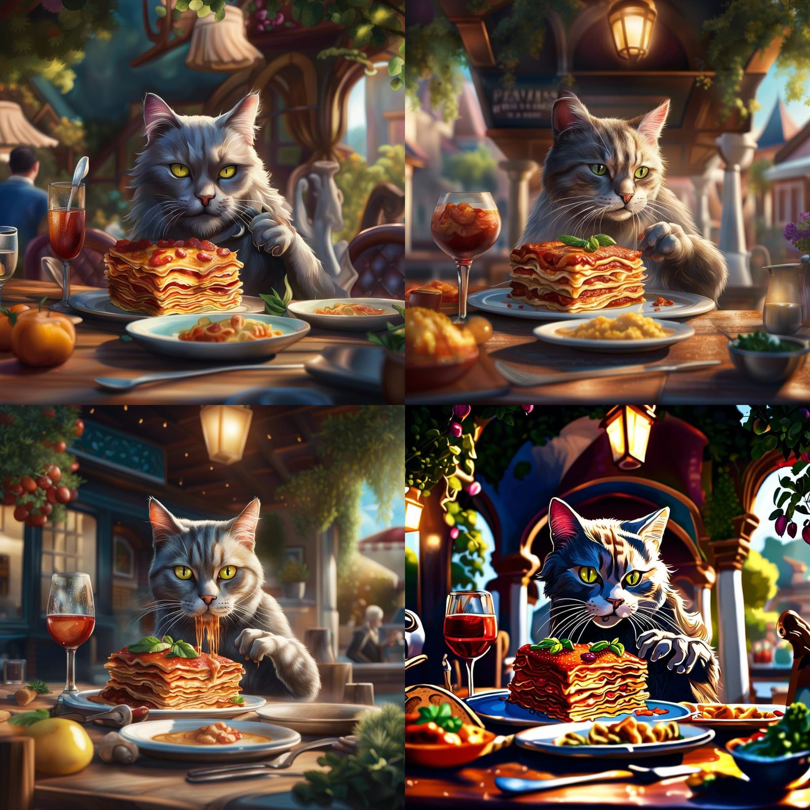 Cat Eats Lasagna in Hyperrealistic Restaurant Scene