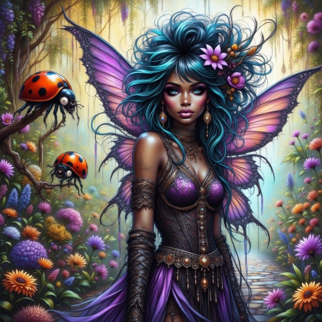 Surreal Ebony Fae in Whimsical Forest Scene with Iridescent ...