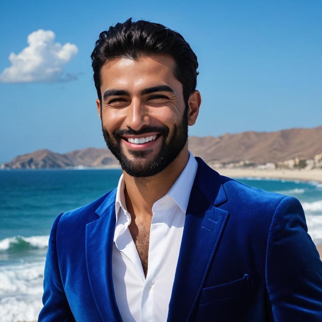 Handsome Man in Blue Velvet Suit, Expressionist Painting