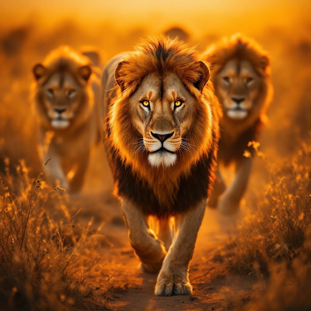 Regal Lions Roam the African Plains in a Dramatic Cinematic....