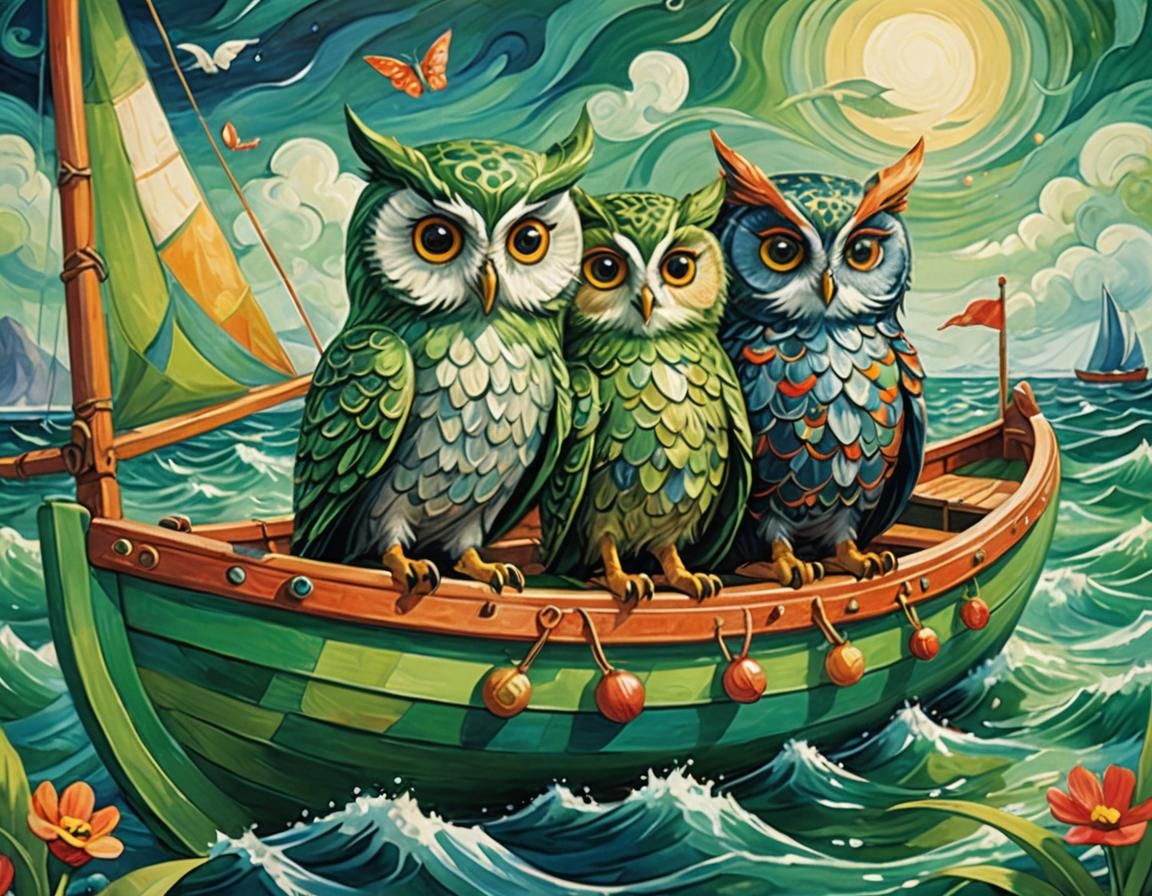 Owl and Kitty's Serene Voyage: Folk Art Illustration