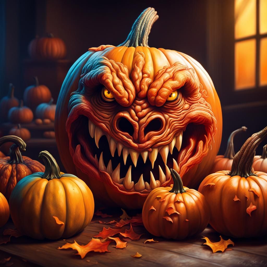Hyperrealistic Monsters Carving Pumpkins in Vivid Detail