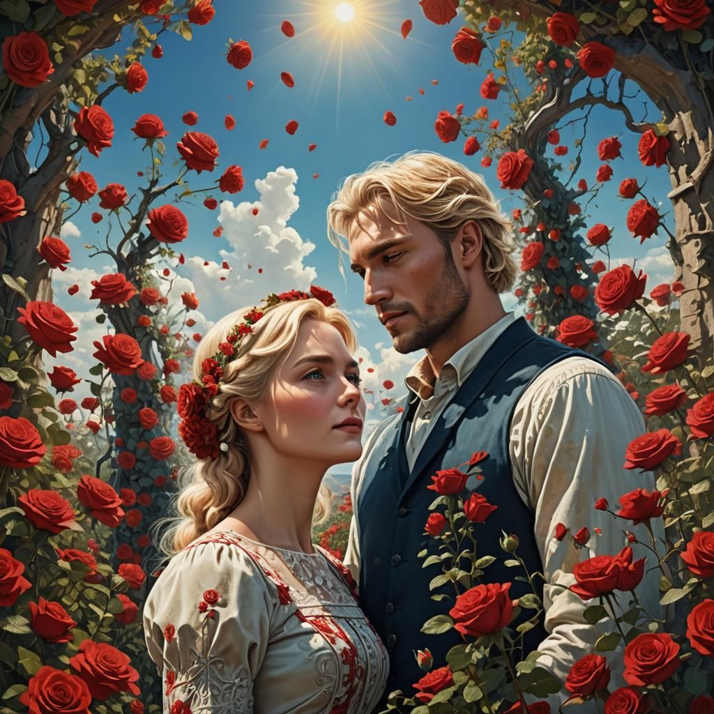 Romantic Kiss in Rose Garden, Detailed Matte Painting