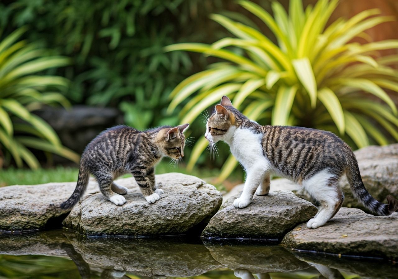 Black and White Tabby Cats Explore Pond Rocks