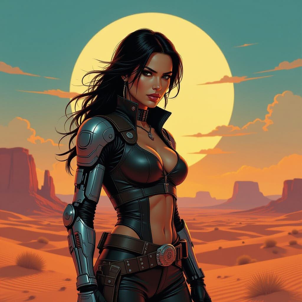 Cyberpunk Space Cowboy in Alien Desert Sunset