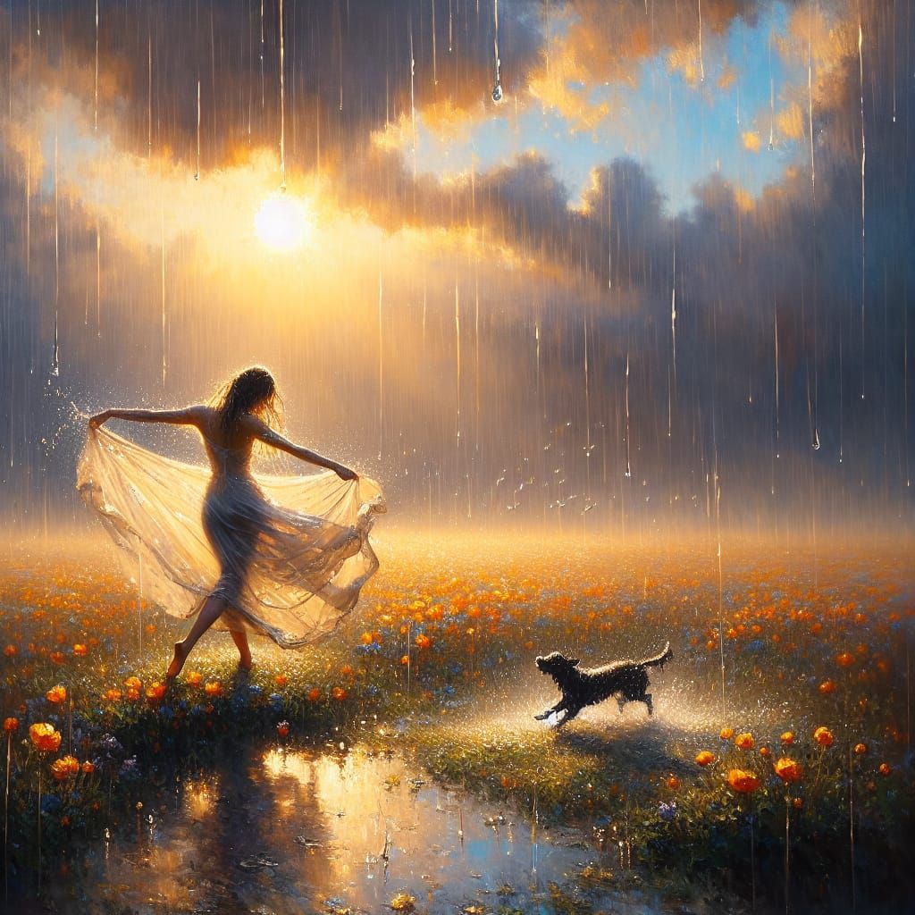Joyful Dance in Rainy Meadow, Soft Oil Painting