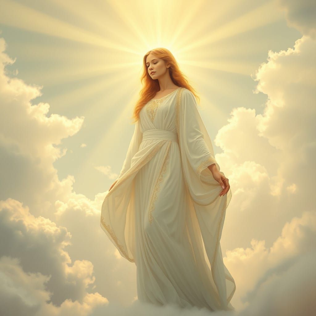 Goddess in Heavenly White Robes, Basking in Soft Focus Sunsh...