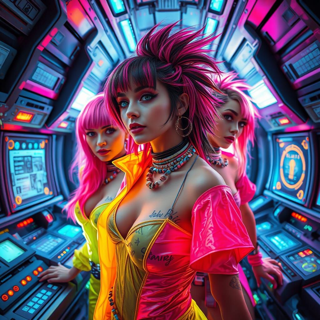 Women in Futuristic Spaceship Interior with Neon Attire