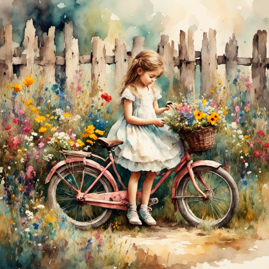 Bike, Fence, Flowers, and Bird in Watercolor