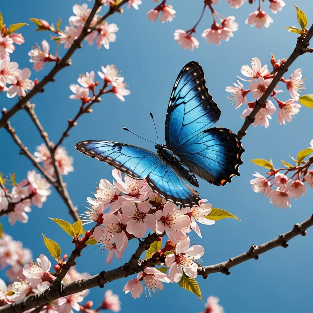Blue Butterfly on Cherry Blossom Branch