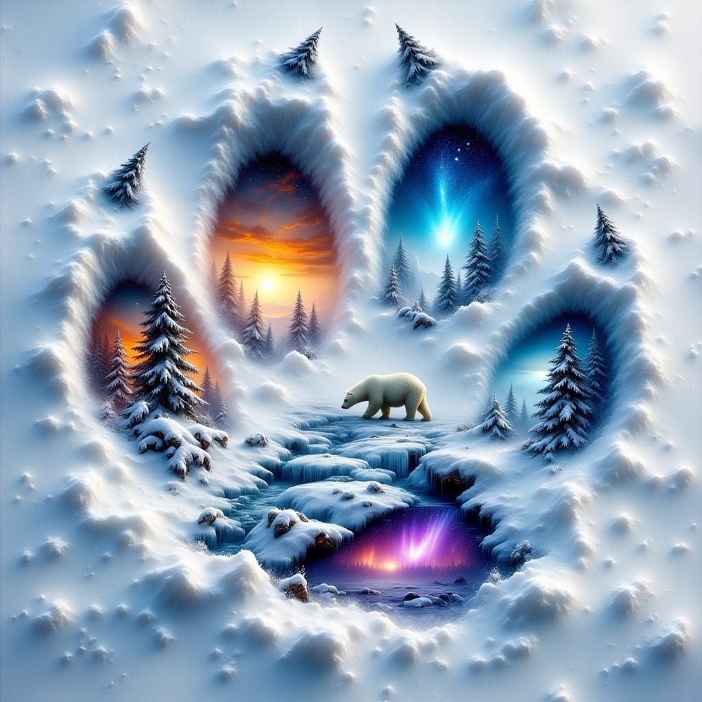 Paw Print Snow Art with Winter Landscapes