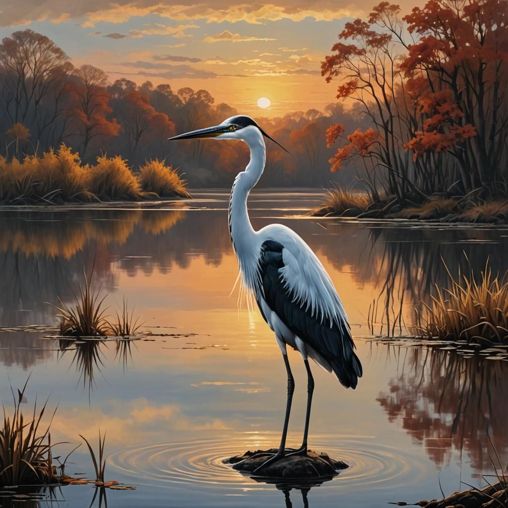 A black and white Heron standing in the lake