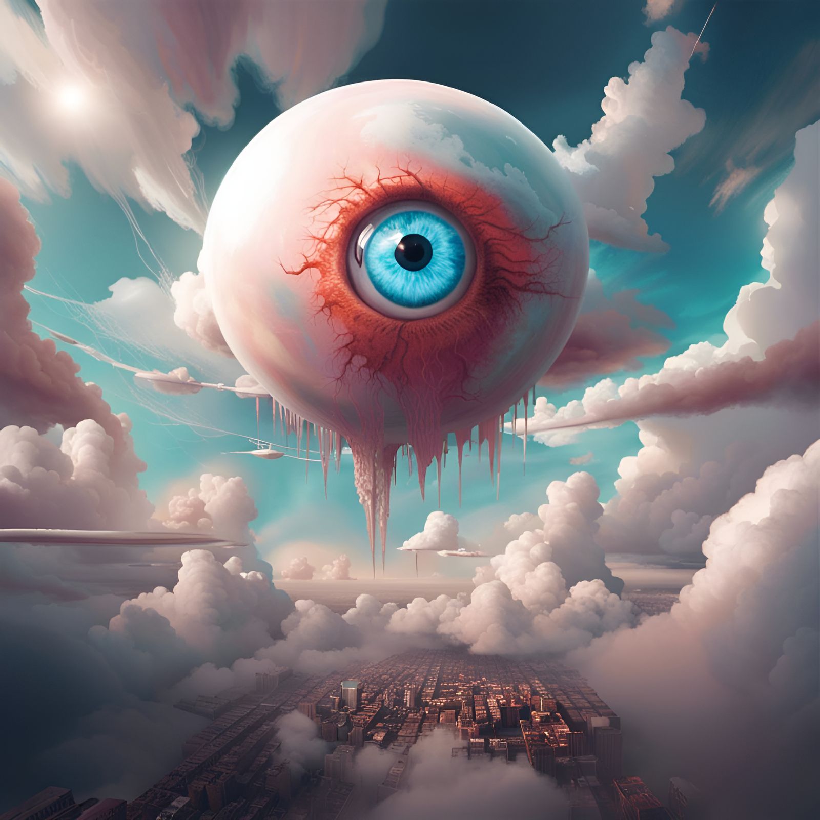 Giant Eyeball in Cloudy Sky: Surrealist Digital Art