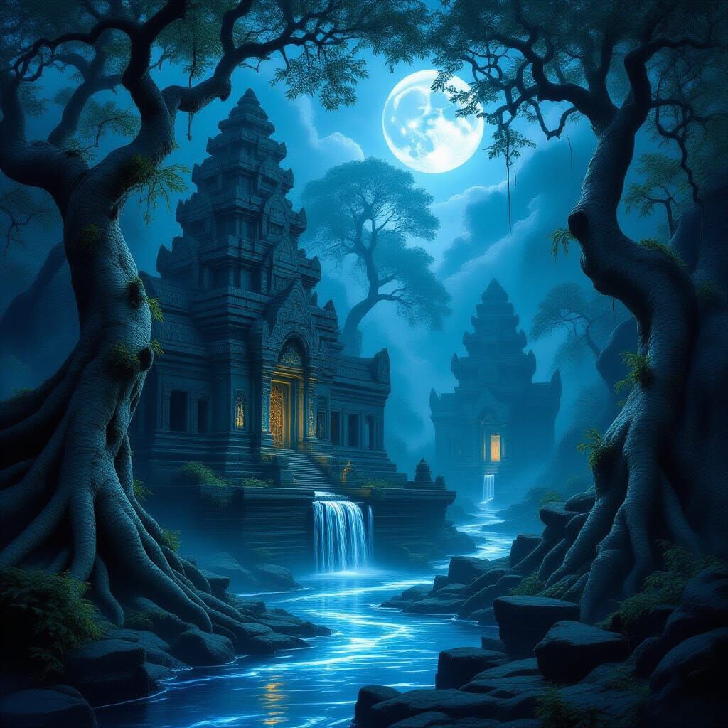 Ancient Moonlit Temple in Ethereal Twilight Forest