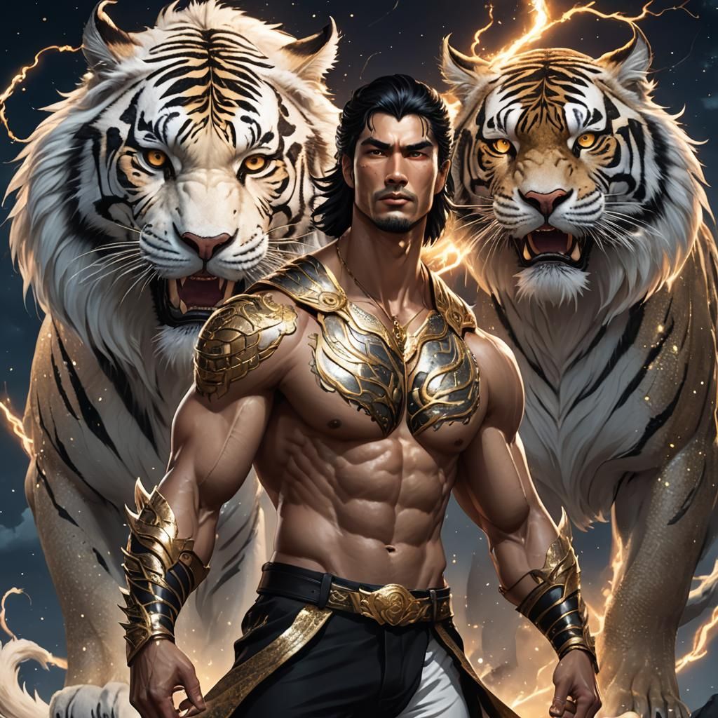 Half-Dragon, Half-Tiger Man Portrait in Fantasy Style