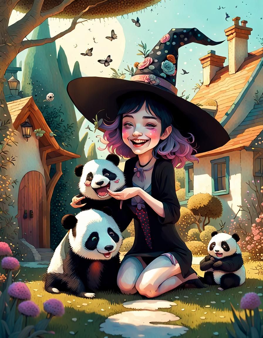 Whimsical Witch and Panda in Magical Garden