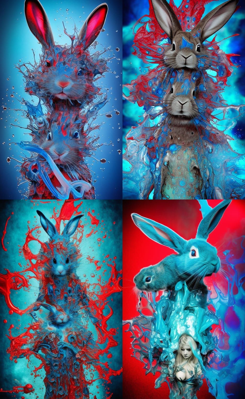 Rabit made of blue and red water, liquid green plasma flowing like dripping wet crystal liquid rabbit, photo by Ian mill...