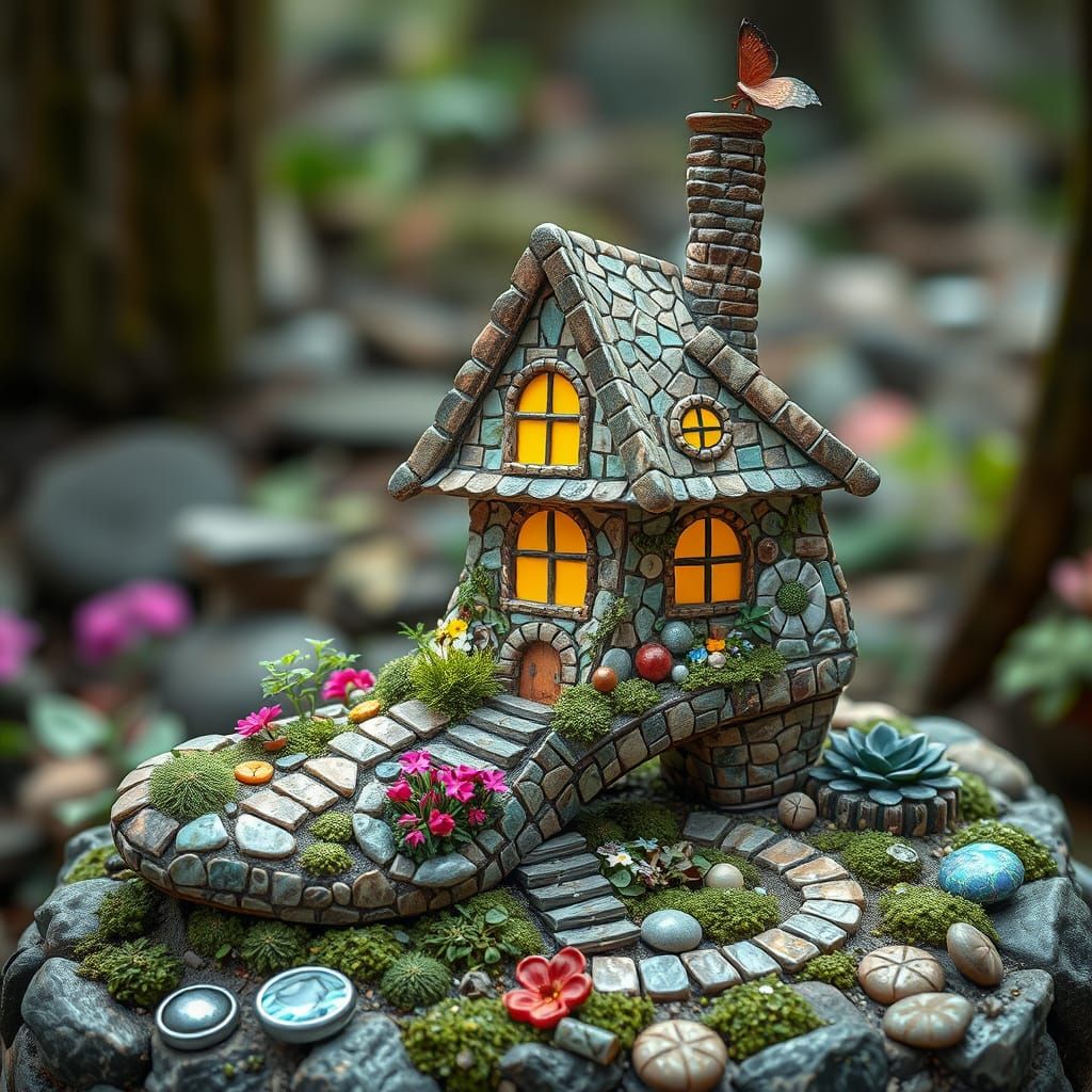 Organic Mosaic Masterpiece with Whimsical Shoe House