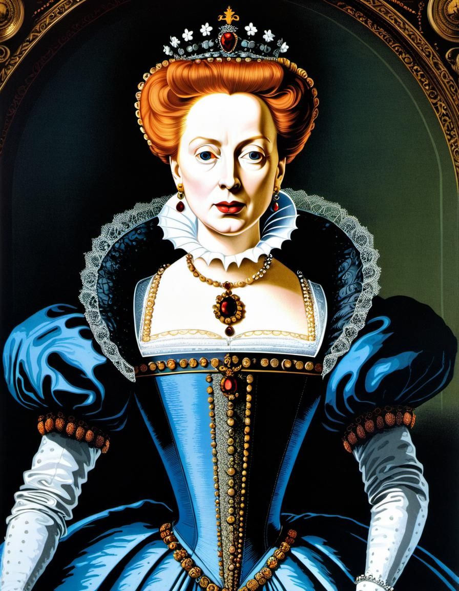 Elizabeth I. Lithography. In the style of Gustave Doré and Tim Burton. Colors