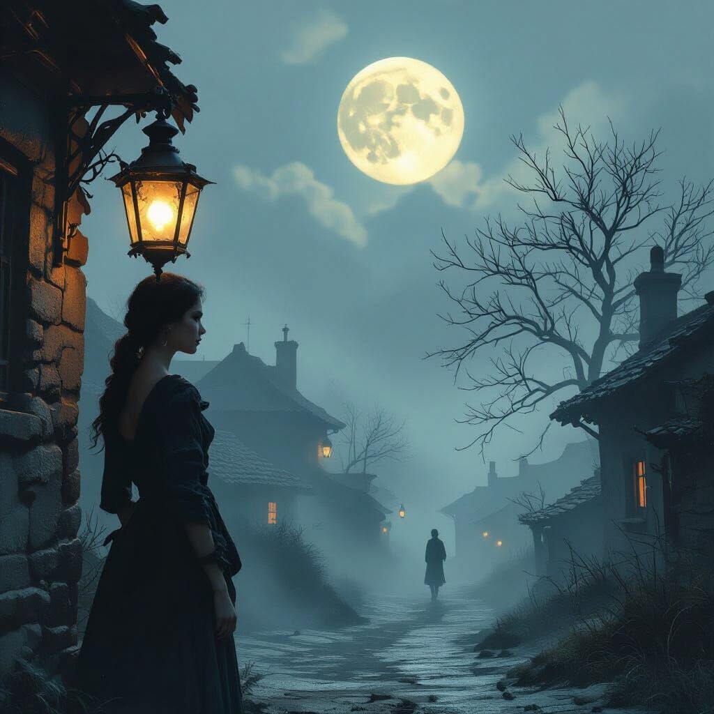 Misty Village Woman with Lamp in Retro-Futuristic Style