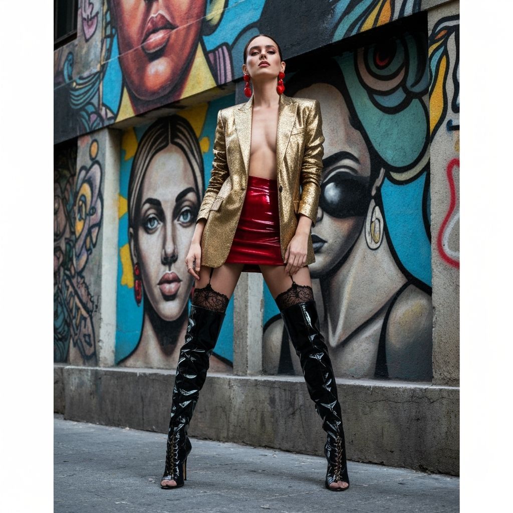 Model in Gold Blazer Poses Against Buenos Aires Street Art