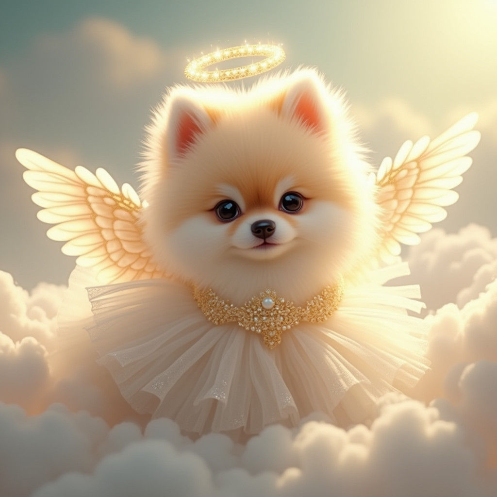 Pomeranian Angel on Cloud in Digital Art Style