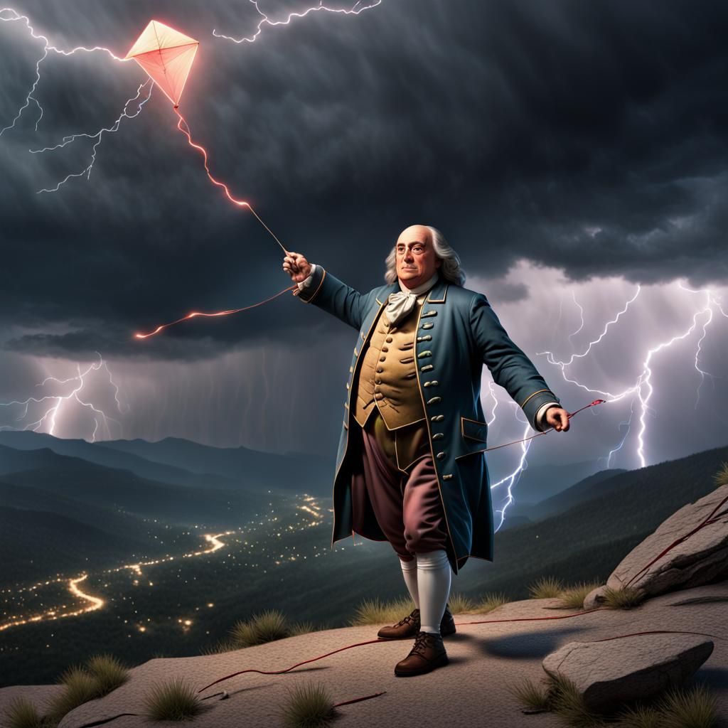 Benjamin Franklin and Kite in Lightning Storm