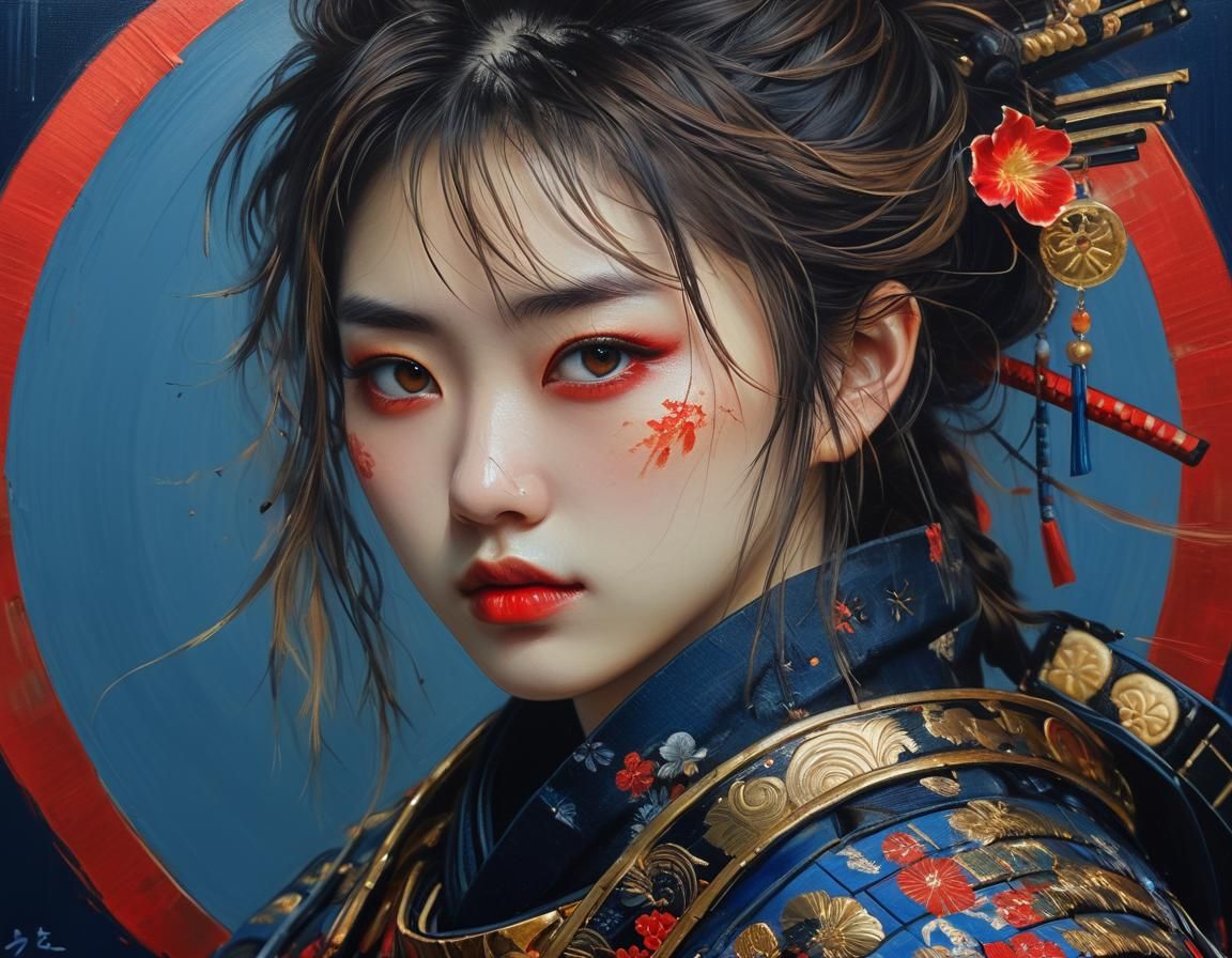 Samurai Girl with Glowing Eyes in Romanticism Style