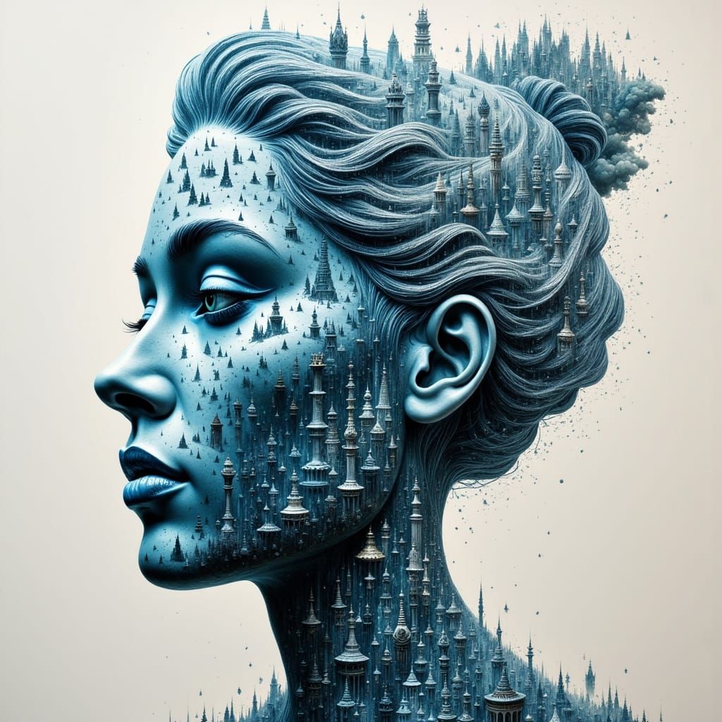 Surreal Double Exposure Giant Queen Chess Piece