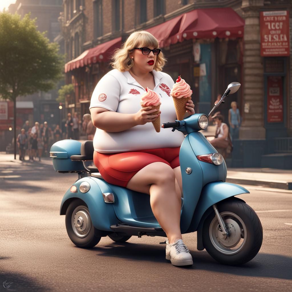 Obese Woman Eats Ice Cream: Detailed Matte Painting