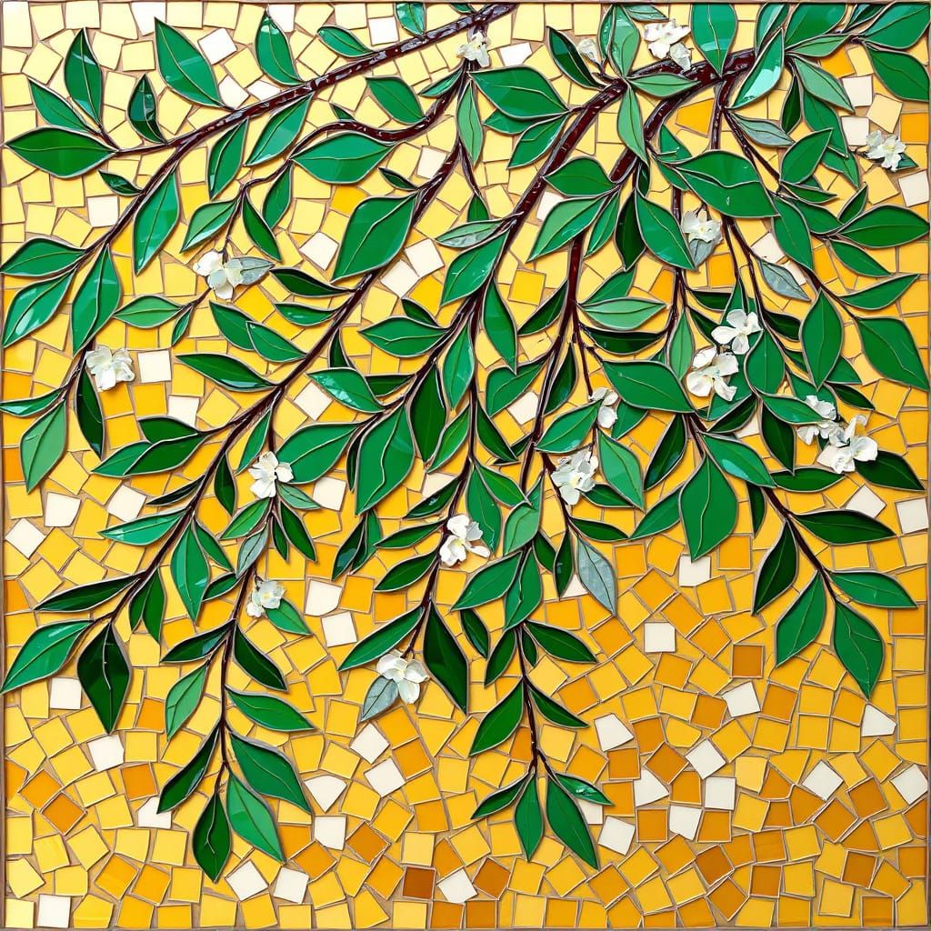 Glass-Tile Mosaic Mural with Mistletoe in Art Nouveau Style
