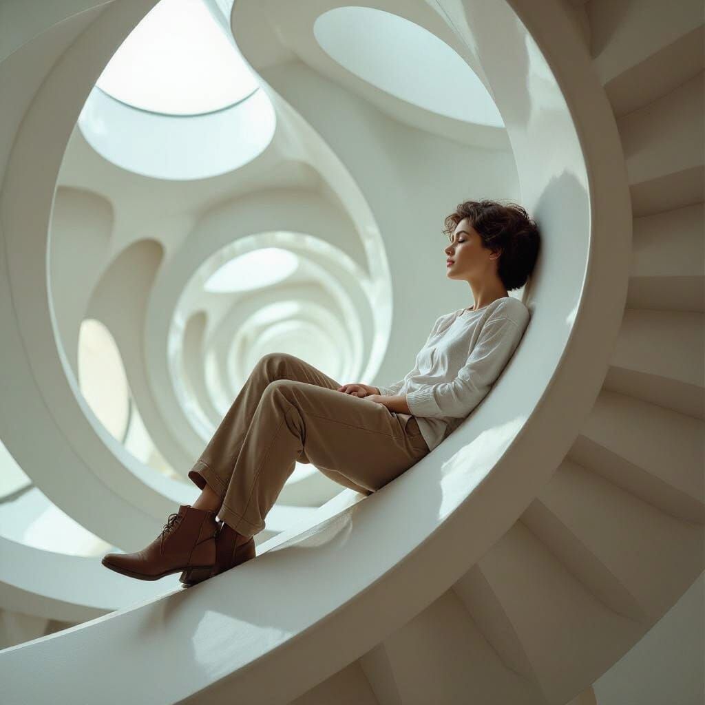 Person Curled in Futuristic Art Nouveau Staircase