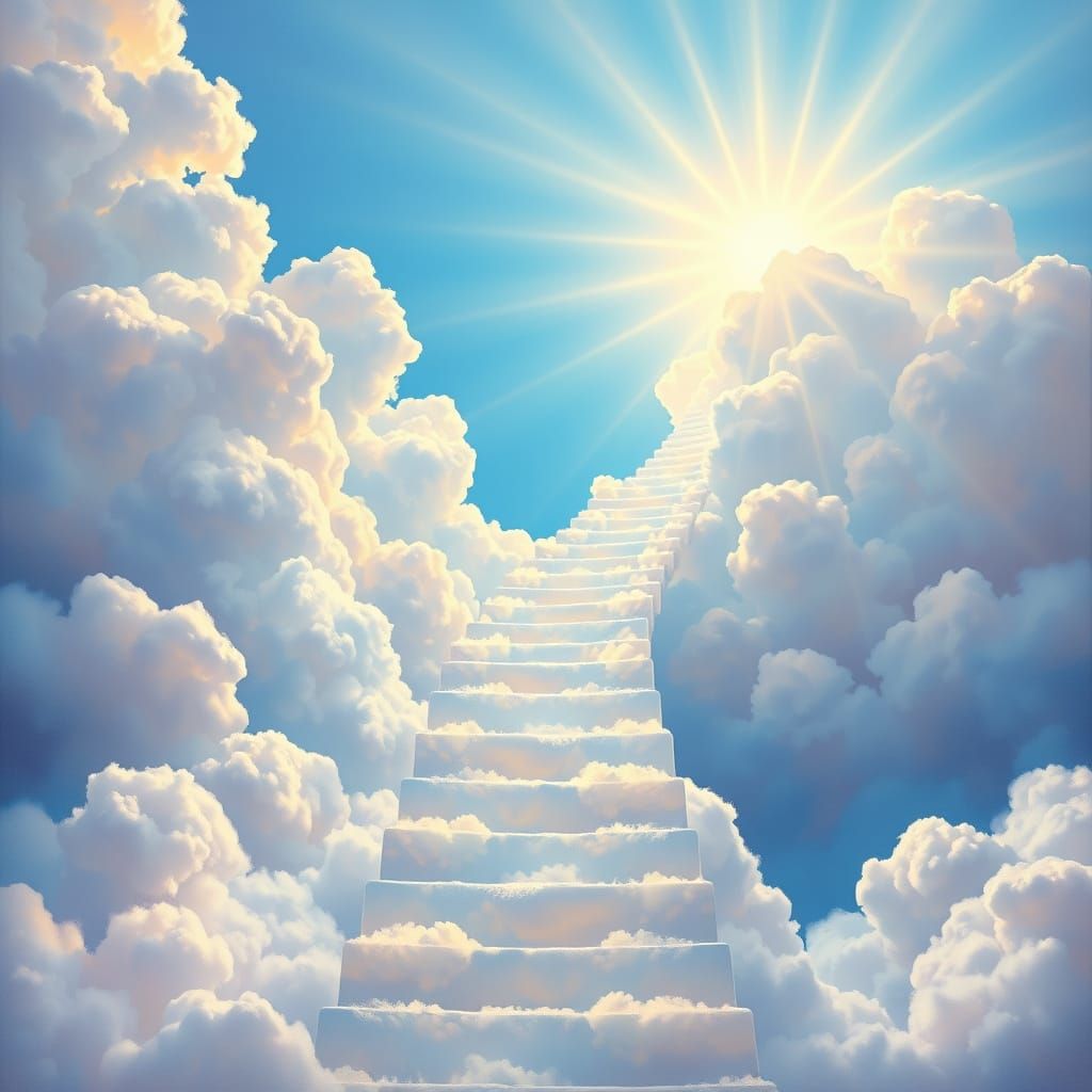 Surreal Cloud Stairway Ascending to Divine Light