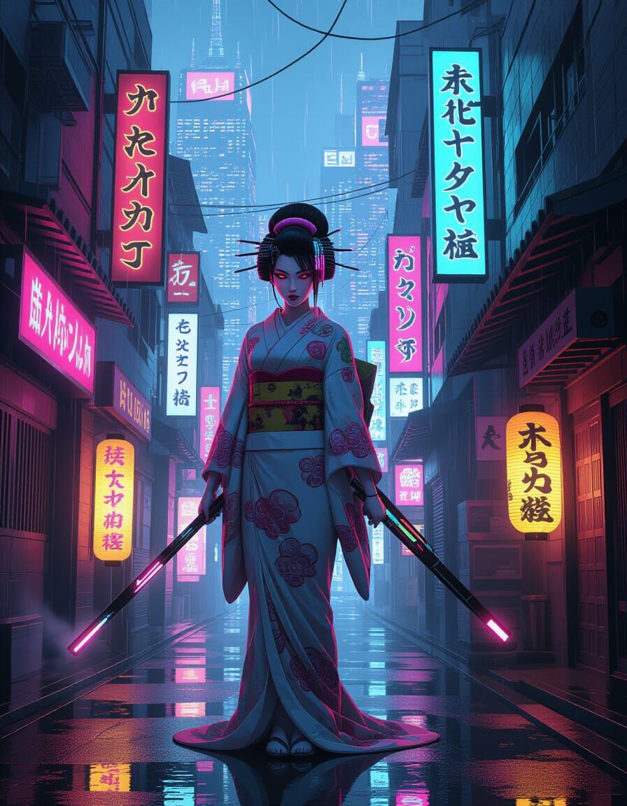 Cyberpunk Geisha in Neon Alleyway, Anime Style