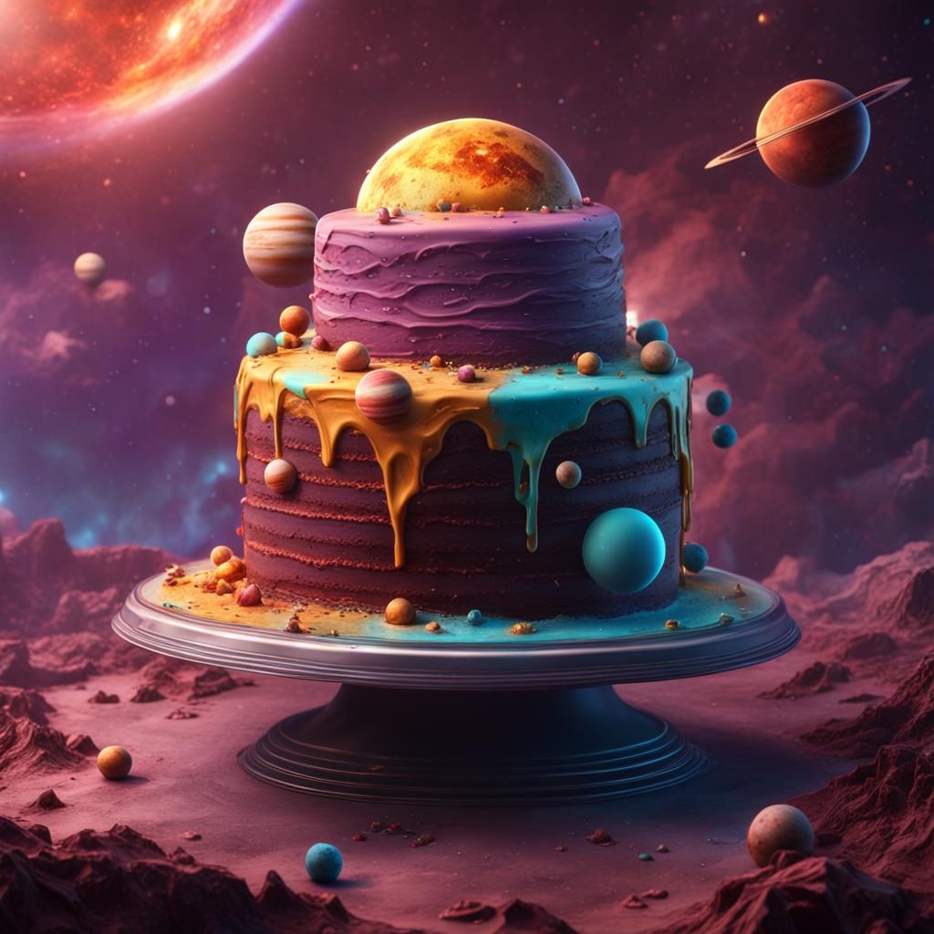 Cosmic Cake with Planets: Digital Art