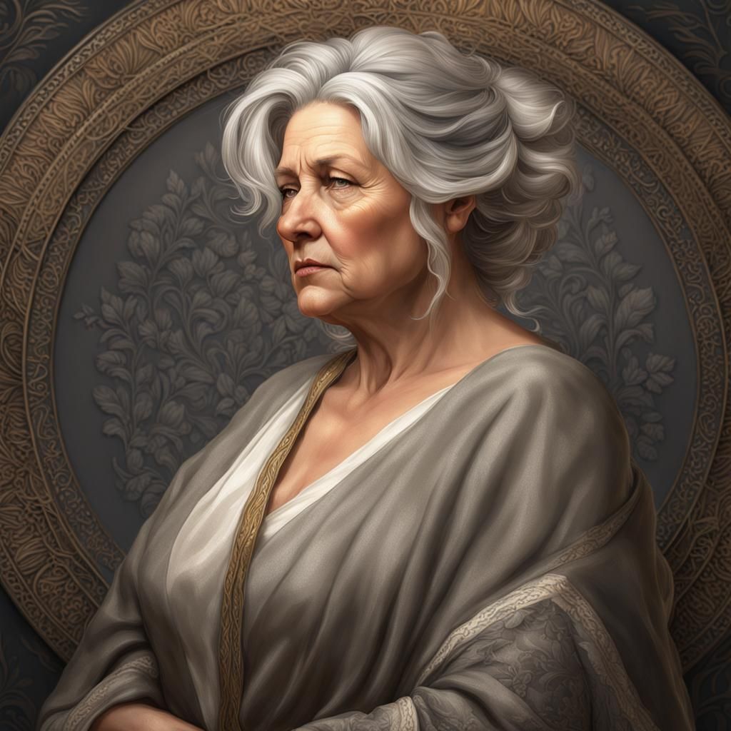 Grey blonde hair beautiful older woman grandmother chubby :: obese curvy :: peasant wear :: shoulder up portrait :: high...