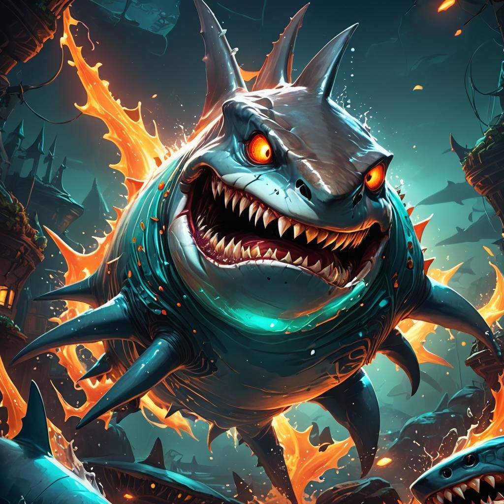 Cute but Scary Cartoon Shark Monster in Splash Art