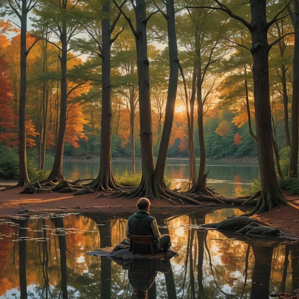 Walden Pond Sunset: A Matte Painting in Bierstadt Style