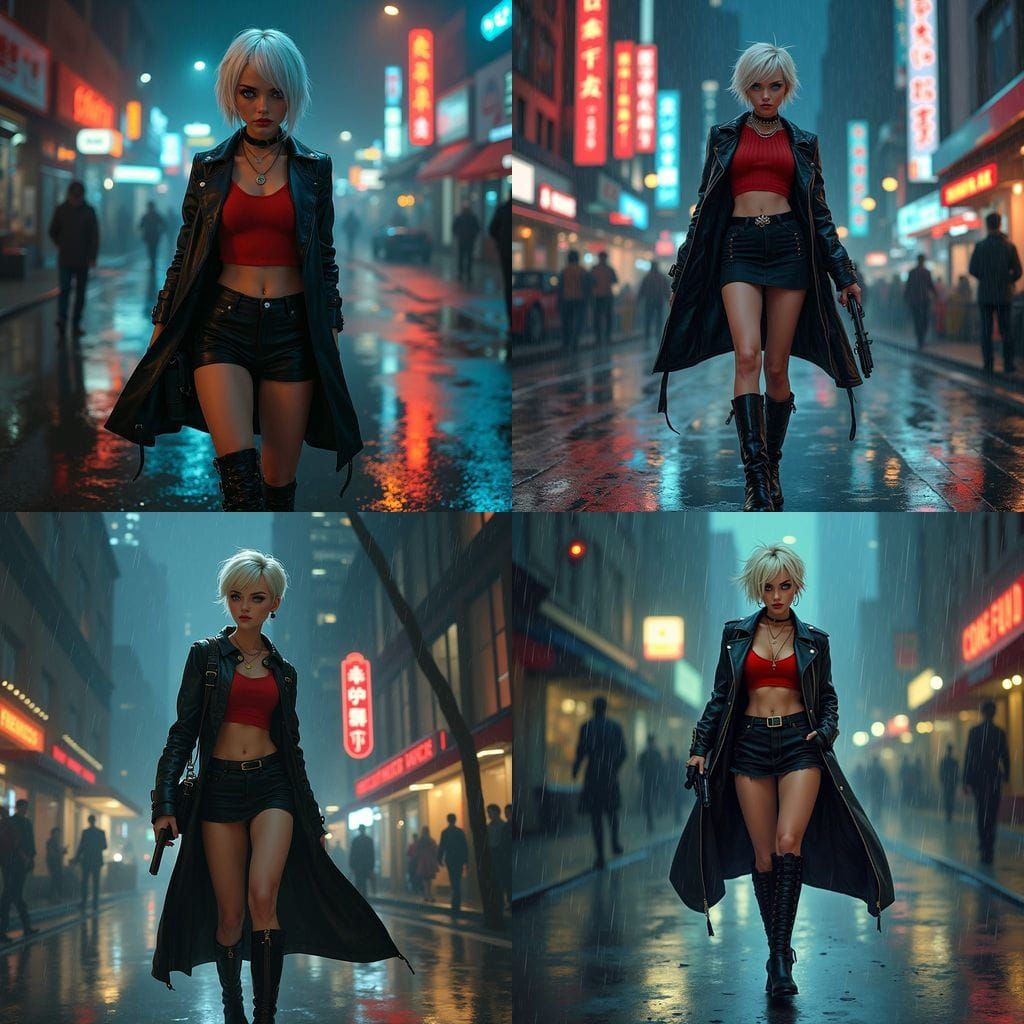 Rebellious Punk Woman Strolls Rainy City Streets