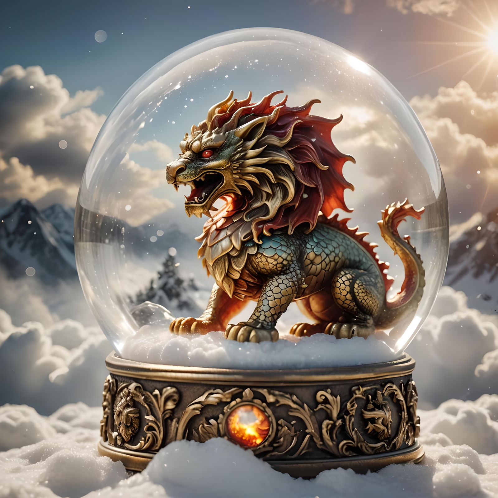 Lion Dragon Snow GLobe