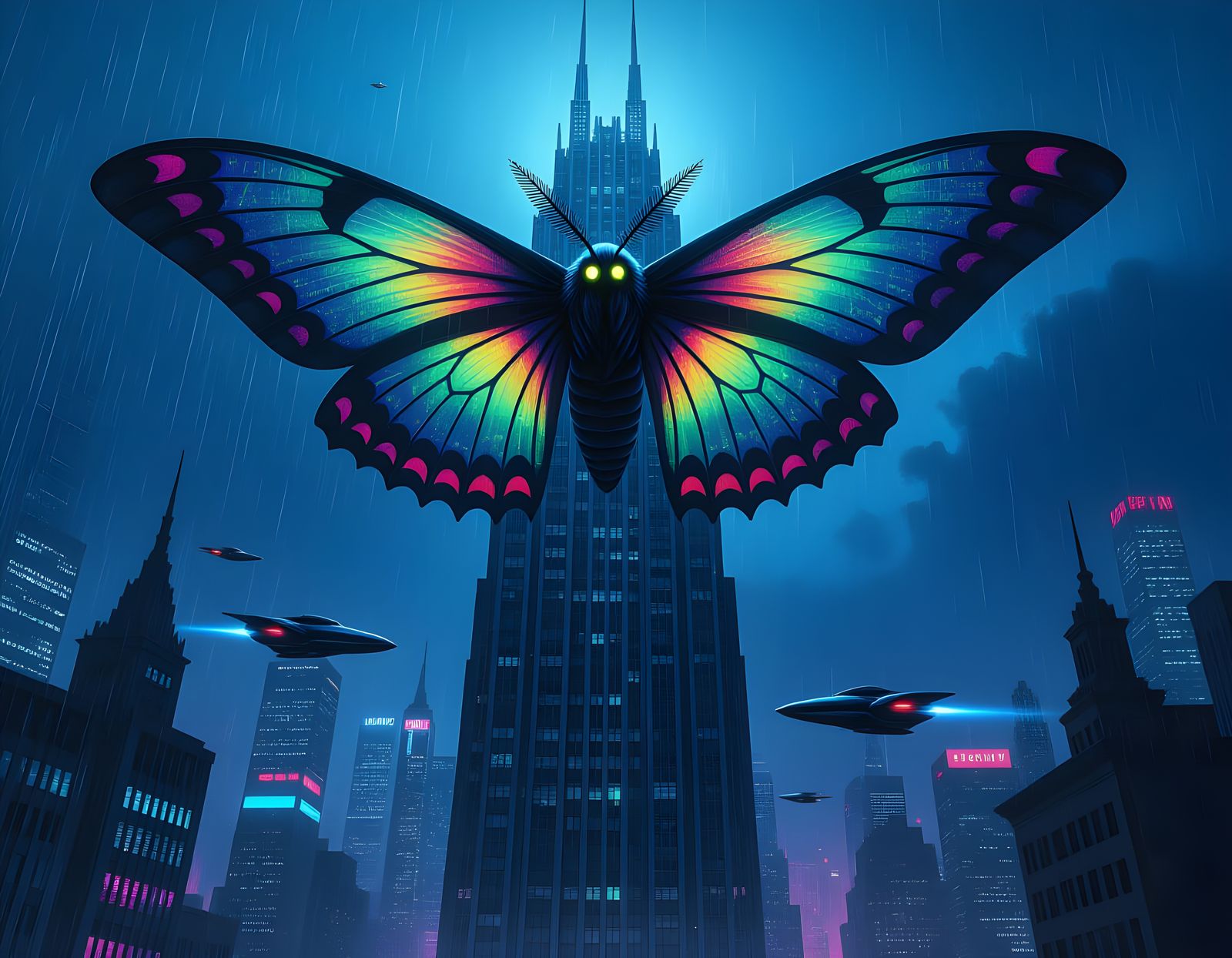 Mutated Mothra Perched on Gothic Skyscraper in Neon City