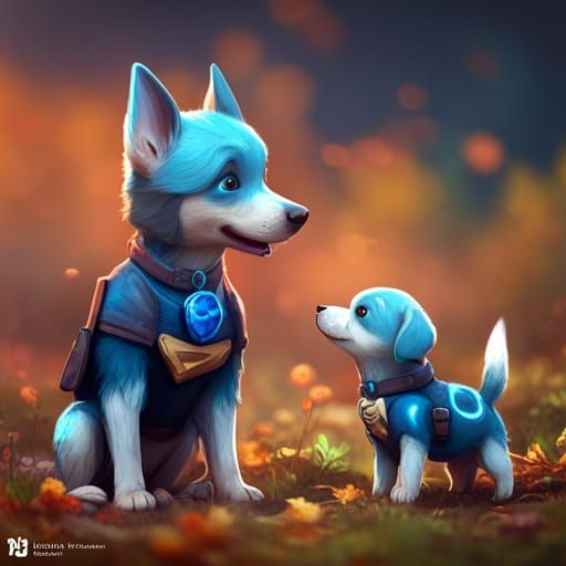 Adorable Blue Healer Dog and Puppy in Watercolor