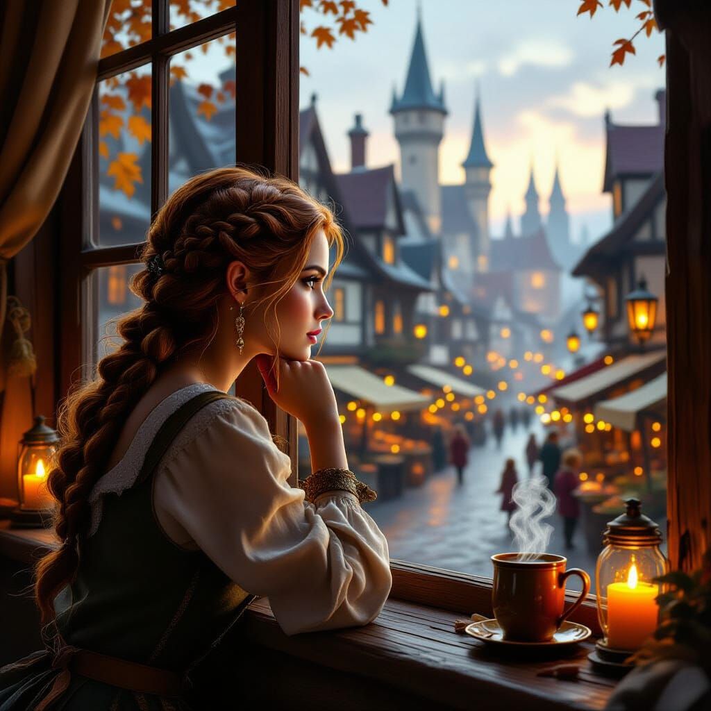 Elf Woman Gazes at Medieval City in Warm Tavern