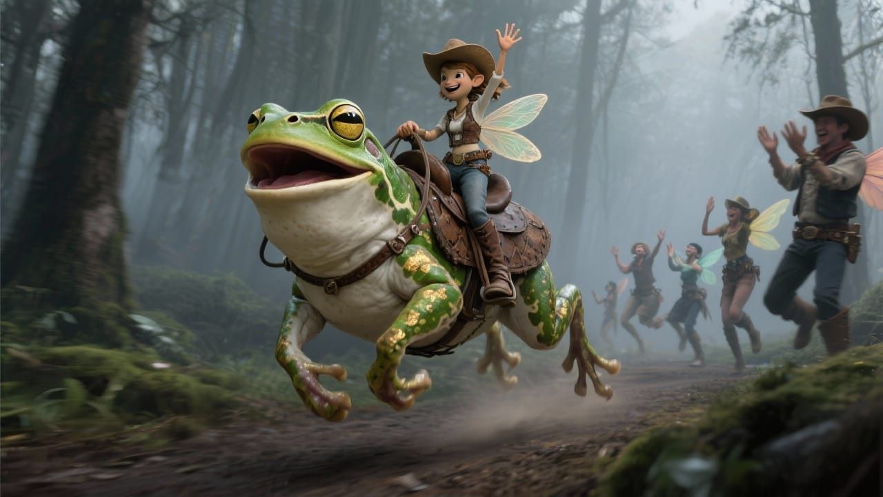 Frog Racer with Fairy Cowgirl in Misty Forest